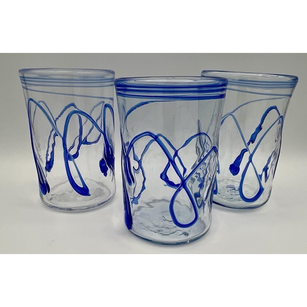 3 Crystal Forge Omaha Nebraska 1992 Freeform Blue Swirls On Drink Glass 16 oz
